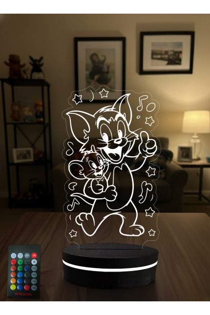 Tom ve Jerry 3D LED Gece Lambası – Kumandalı RGB Dekoratif Masa Lambası – Çocuk Odası Işıklı Lamba