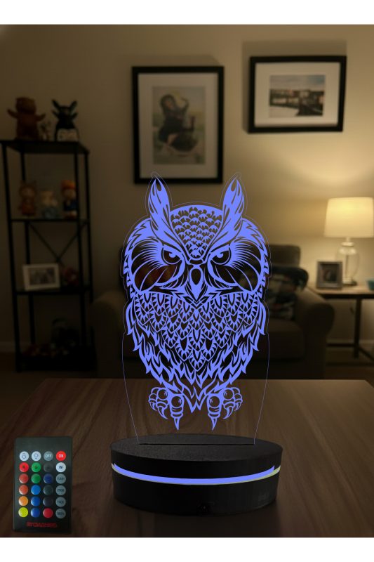 Bilge Baykuş 3D LED Gece Lambası – Ofis ve Çalışma Masası Hediyesi 16 Renk Kumandalı - Kişiye Özel 3D LED Gece Lambası & Hediye | Eymi
