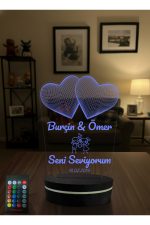 Kişiye Özel Çift Kalpli 3D LED Gece Lambası İsim Yazılı Sevgiliye Romantik Hediye Renk Değiştiren Masa Lambası - Görsel 3