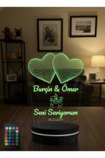 Kişiye Özel Çift Kalpli 3D LED Gece Lambası İsim Yazılı Sevgiliye Romantik Hediye Renk Değiştiren Masa Lambası - Görsel 4