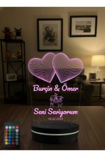 Kişiye Özel Çift Kalpli 3D LED Gece Lambası İsim Yazılı Sevgiliye Romantik Hediye Renk Değiştiren Masa Lambası - Görsel 6