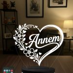 Annem Yazılı 3D LED Gece Lambası - Anneler Günü Hediyesi Kalpli Çiçek Desenli 16 Renk Kumandalı