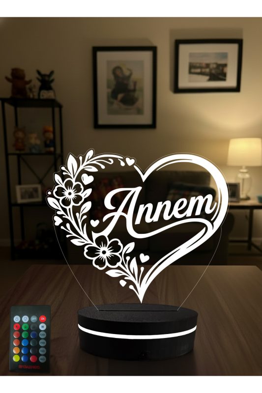 Annem Yazılı 3D LED Gece Lambası – Anneler Günü Hediyesi Kalpli Çiçek Desenli 16 Renk Kumandalı - Kişiye Özel 3D LED Gece Lambası & Hediye | Eymi