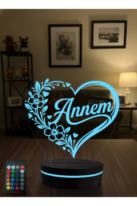 Annem Yazılı 3D LED Gece Lambası – Anneler Günü Hediyesi Kalpli Çiçek Desenli 16 Renk Kumandalı - Kişiye Özel 3D LED Gece Lambası & Hediye | Eymi