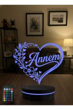 Annem Yazılı 3D LED Gece Lambası Anneler Günü Hediyesi Kalpli Çiçek Desenli RGB Kumandalı Masa Lambası - Görsel 3
