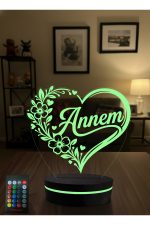 Annem Yazılı 3D LED Gece Lambası Anneler Günü Hediyesi Kalpli Çiçek Desenli RGB Kumandalı Masa Lambası - Görsel 4