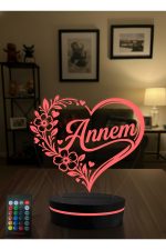 Annem Yazılı 3D LED Gece Lambası Anneler Günü Hediyesi Kalpli Çiçek Desenli RGB Kumandalı Masa Lambası - Görsel 5