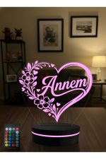 Annem Yazılı 3D LED Gece Lambası Anneler Günü Hediyesi Kalpli Çiçek Desenli RGB Kumandalı Masa Lambası - Görsel 6