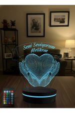 3D Seni Seviyorum Kalpli LED Gece Lambası Adaptörlü RGB Uzaktan Kumandalı Dekoratif Masa Lambası - Görsel 2