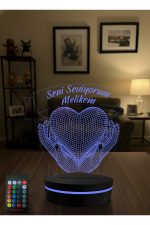 3D Seni Seviyorum Kalpli LED Gece Lambası Adaptörlü RGB Uzaktan Kumandalı Dekoratif Masa Lambası - Görsel 3
