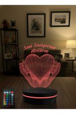 3D Seni Seviyorum Kalpli LED Gece Lambası Adaptörlü RGB Uzaktan Kumandalı Dekoratif Masa Lambası - Görsel 5