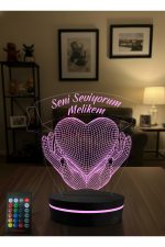 3D Seni Seviyorum Kalpli LED Gece Lambası Adaptörlü RGB Uzaktan Kumandalı Dekoratif Masa Lambası - Görsel 6