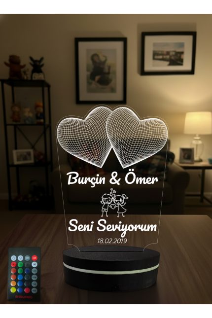 Kişiye Özel Çift Kalpli 3D LED Gece Lambası İsim Yazılı Sevgiliye Romantik Hediye Renk Değiştiren Masa Lambası