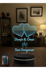 Kişiye Özel Çift Kalpli 3D LED Gece Lambası İsim Yazılı Sevgiliye Romantik Hediye Renk Değiştiren Masa Lambası - Görsel 2