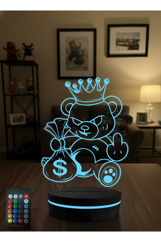 Asi Kral Ayıcık 3D LED Gece Lambası – Para Çantalı Pop-Art Dekoratif Masa Lambası 16 Renk Kumandalı - Kişiye Özel 3D LED Gece Lambası & Hediye | Eymi