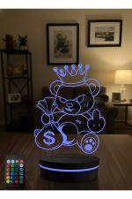 Asi Kral Ayıcık 3D LED Gece Lambası RGB Kumandalı – Para Çantalı Dekoratif Masa Lambası - Görsel 3