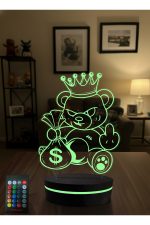 Asi Kral Ayıcık 3D LED Gece Lambası RGB Kumandalı – Para Çantalı Dekoratif Masa Lambası - Görsel 4
