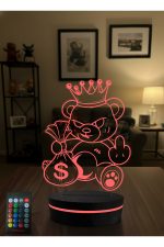 Asi Kral Ayıcık 3D LED Gece Lambası RGB Kumandalı – Para Çantalı Dekoratif Masa Lambası - Görsel 5
