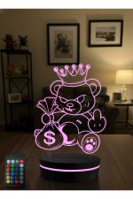 Asi Kral Ayıcık 3D LED Gece Lambası RGB Kumandalı – Para Çantalı Dekoratif Masa Lambası - Görsel 6