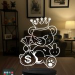 Asi Kral Ayıcık 3D LED Gece Lambası - Para Çantalı Pop-Art Dekoratif Masa Lambası 16 Renk Kumandalı