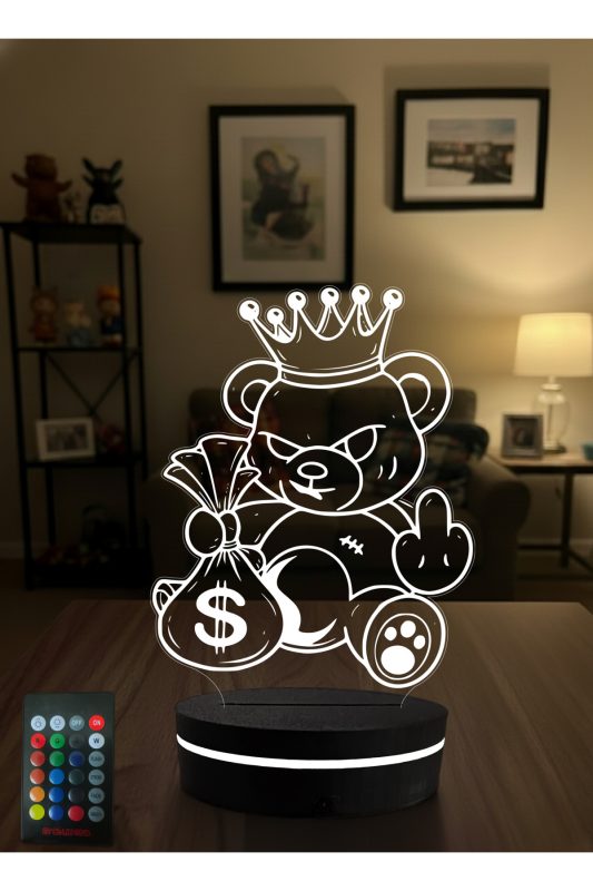 Asi Kral Ayıcık 3D LED Gece Lambası – Para Çantalı Pop-Art Dekoratif Masa Lambası 16 Renk Kumandalı - Kişiye Özel 3D LED Gece Lambası & Hediye | Eymi