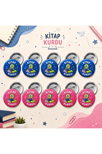 Kitap Kurdu 58 mm Buton Rozet 10 Adet – Öğrenci Başarı Rozeti – Okul Öncesi, Anaokulu ve İlkokul Motivasyon Rozeti - Kişiye Özel 3D LED Gece Lambası & Hediye | Eymi