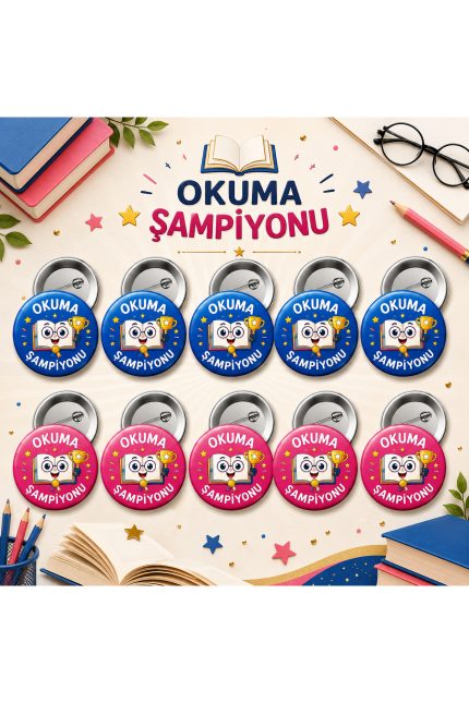 Okuma Şampiyonu 58 mm İğneli Rozet 10 Adet – Öğrenci Başarı ve Motivasyon Rozeti - Kişiye Özel 3D LED Gece Lambası & Hediye | Eymi