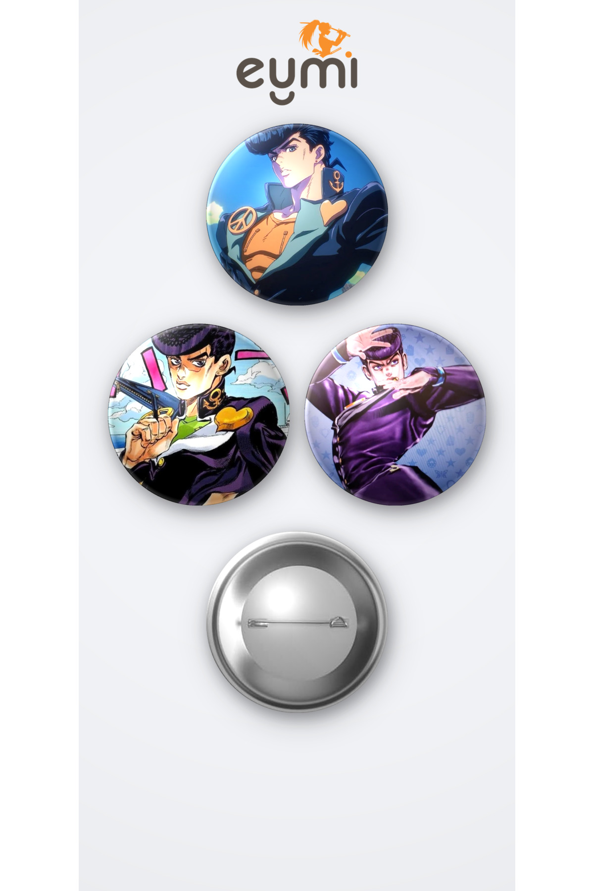 Jojo Animesi Josuke Higashikata 3'lü Metal Rozet Seti 58mm İğneli Buton Çanta Yaka Rozeti - 58mm Metal İğneli Buton Rozet | Eymi Jojo Animesi Josuke Higashikata 3'lü Metal Rozet Seti 58mm İğneli Buton Çanta Yaka Rozeti - 58mm Metal İğneli Buton Rozet | Eymi