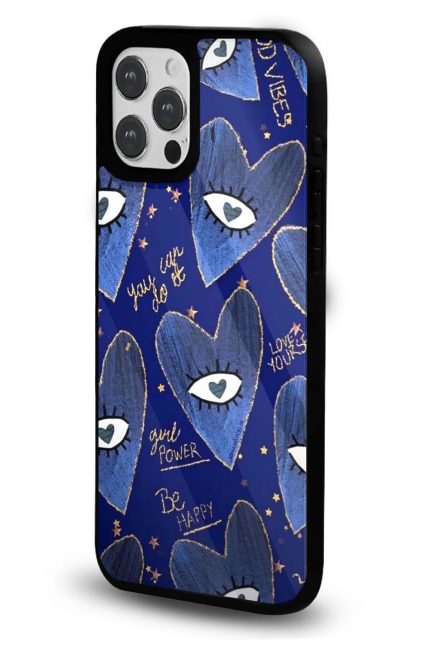 iPhone 11 Uyumlu Lacivert Kalp Gözler Desenli Parlak Telefon Kılıfı - Kişiye Özel 3D LED Gece Lambası & Hediye | Eymi