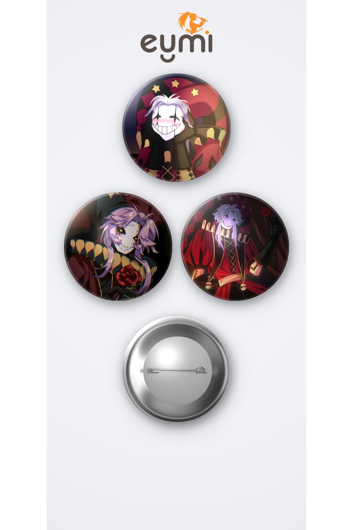 The Freak Circus Pierrot 3'lü Metal Rozet Seti 58mm İğneli Buton Çanta Yaka Rozeti - 58mm Metal İğneli Buton Rozet | Eymi The Freak Circus Pierrot 3'lü Metal Rozet Seti 58mm İğneli Buton Çanta Yaka Rozeti - 58mm Metal İğneli Buton Rozet | Eymi