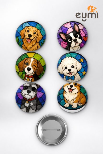 Vitray Mozaik Sevimli Köpek Cinsleri Golden Corgi Çanta Süsü Rozet İğneli Buton Rozet Seti 58 mm (6'lı) - 58mm Metal İğneli Buton Rozet | Eymi