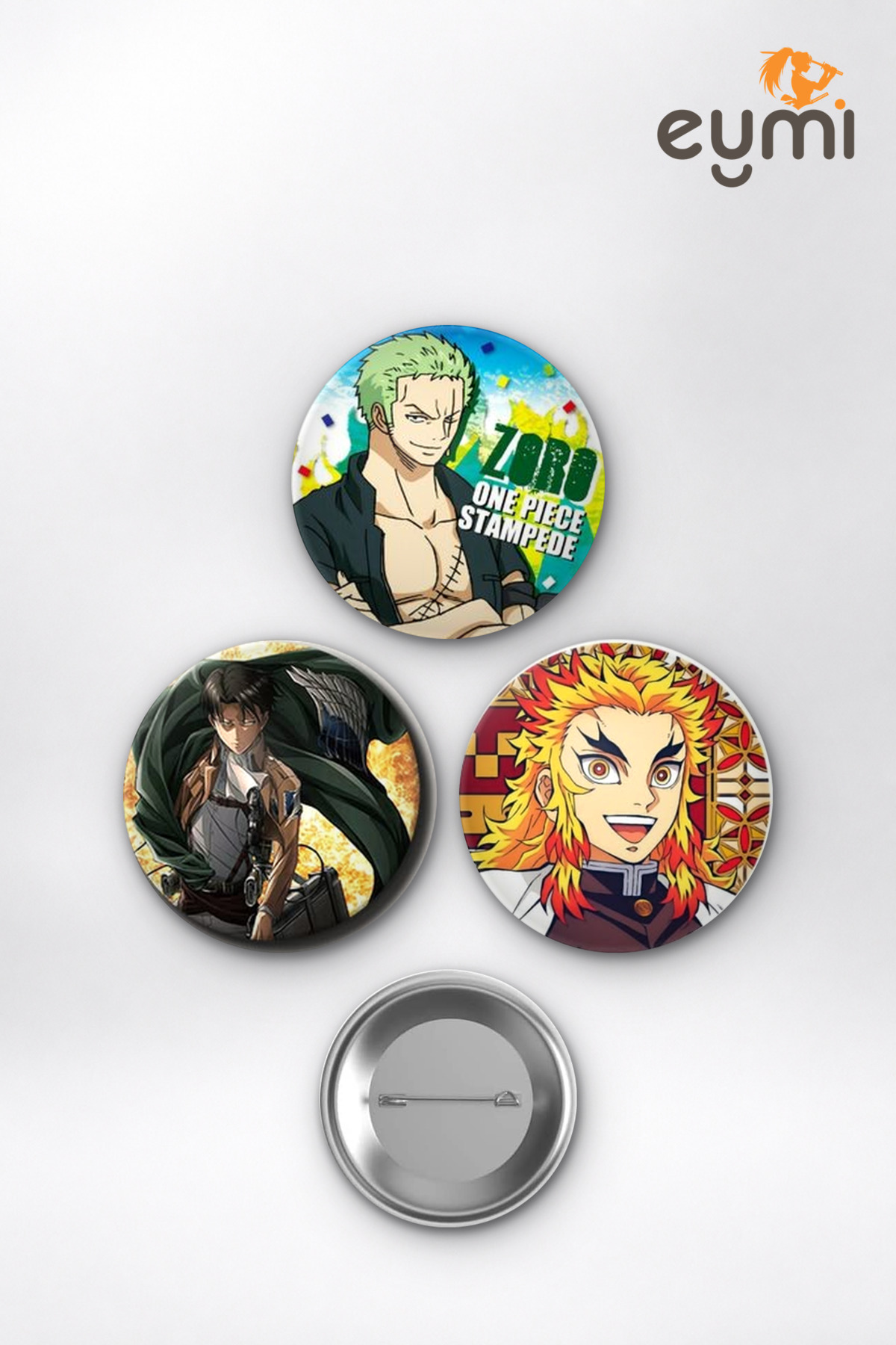 Anime Kılıç Ustaları Zoro Levi Rengoku Çanta Süsü Rozet İğneli Buton Rozet Seti 58 mm (3'lü) - 58mm Metal İğneli Buton Rozet | Eymi Anime Kılıç Ustaları Zoro Levi Rengoku Çanta Süsü Rozet İğneli Buton Rozet Seti 58 mm (3'lü) - 58mm Metal İğneli Buton Rozet | Eymi