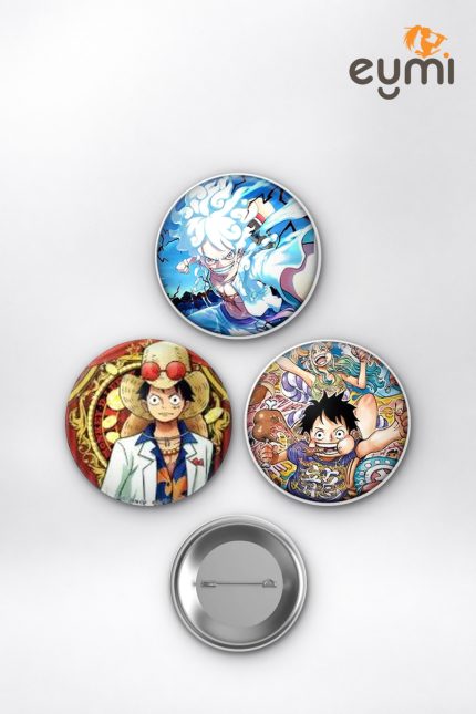 One Piece Luffy Gear 5 Nika & Film Gold Çanta Süsü Rozet İğneli Buton Rozet Seti 58 mm (3'lü) - 58mm Metal İğneli Buton Rozet | Eymi