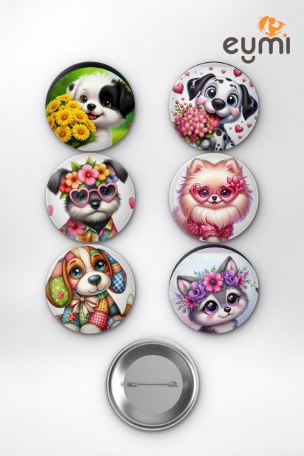 Sevimli Çiçekli Köpekler Golden Dalmaçyalı Çanta Süsü Rozet İğneli Buton Rozet Seti 58 mm (6'lı) - 58mm Metal İğneli Buton Rozet | Eymi