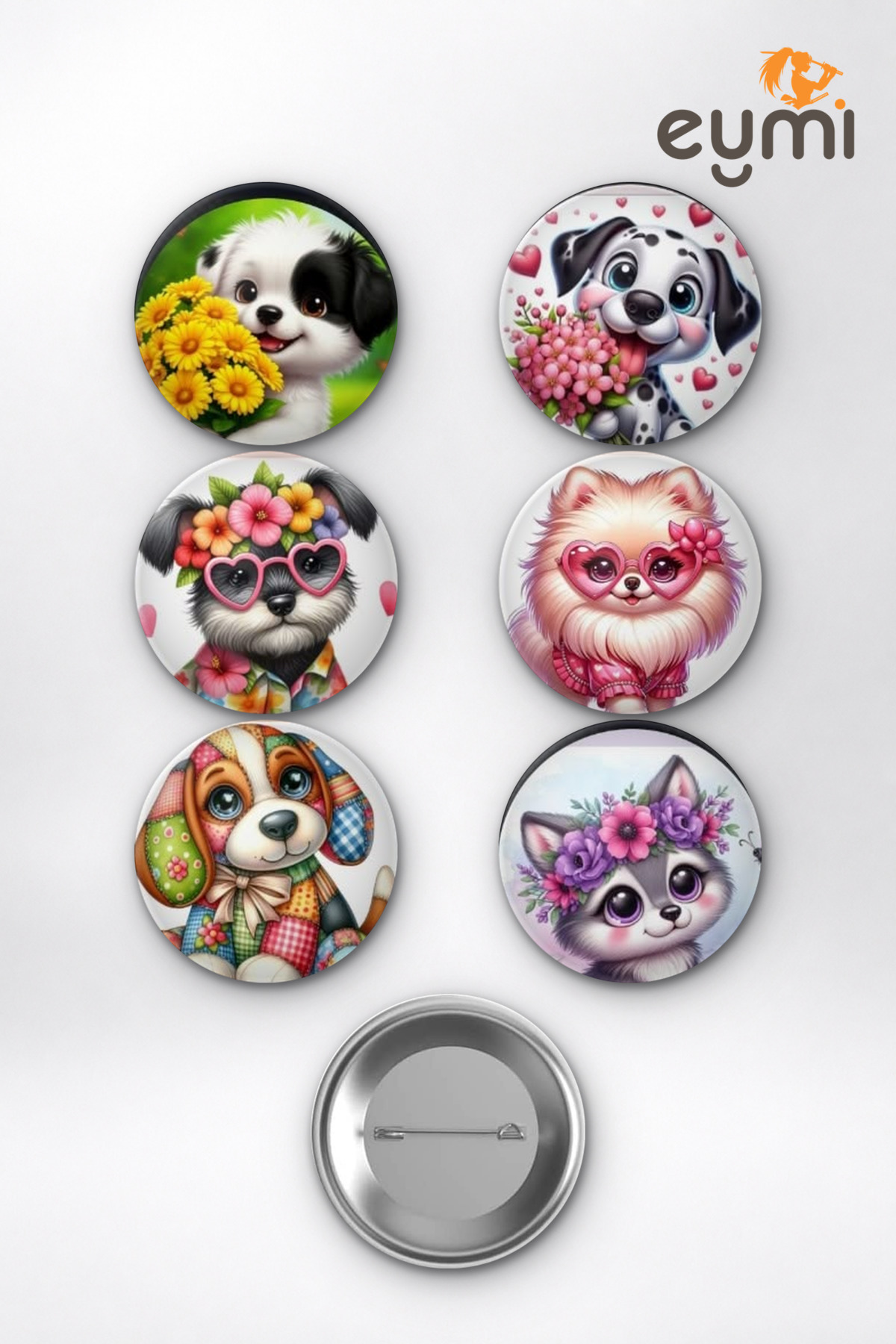 Sevimli Çiçekli Köpekler Golden Dalmaçyalı Çanta Süsü Rozet İğneli Buton Rozet Seti 58 mm (6'lı) - 58mm Metal İğneli Buton Rozet | Eymi Sevimli Çiçekli Köpekler Golden Dalmaçyalı Çanta Süsü Rozet İğneli Buton Rozet Seti 58 mm (6'lı) - 58mm Metal İğneli Buton Rozet | Eymi