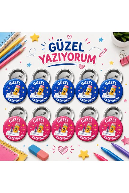 Güzel Yazıyorum 58 mm İğneli Rozet 10 Adet - Öğrenci Başarı ve Motivasyon Rozeti - 58mm Metal İğneli Buton Rozet | Eymi