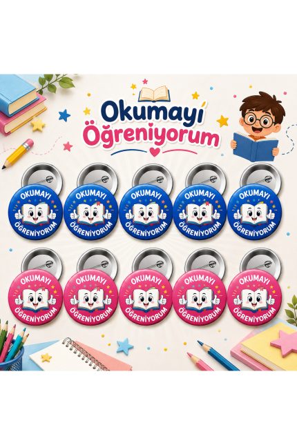 Okumayı Öğreniyorum 58 mm İğneli Rozet 10 Adet - Öğrenci Başarı ve Motivasyon Rozeti - 58mm Metal İğneli Buton Rozet | Eymi