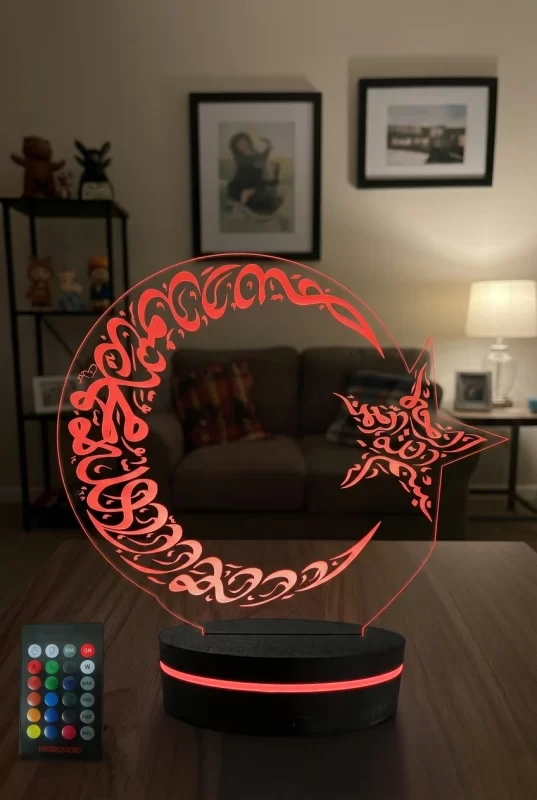 3D Ay Yıldız LED Lamba Kırmızı Işık Modu - Türk Bayrağı Temalı Pleksi Masa Lambası