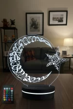3D Ay Yıldız LED Gece Lambası Kristal Soğuk Beyaz Lazer Kazıma Detayları