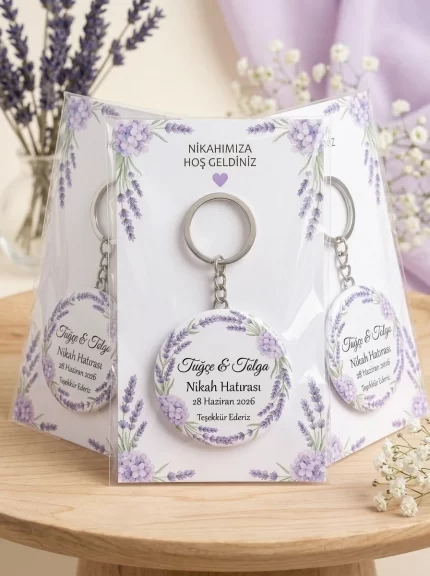 Nikah Hediyesi & Hatırası - Pastel Lavanta & Mor Ortanca - Kişiye Özel Açacaklı Buton Rozet Anahtarlık 3lü Sunum Kartı ve Set