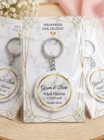 Nikah Hediyesi & Hatırası - Modern Mermer Zemin & Gold Varak - Kişiye Özel Açacaklı Buton Rozet Anahtarlık 3lü Sunum Kartı ve Set