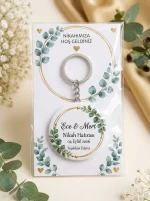 Nikah Hediyesi & Hatırası - Gold Çember & Okaliptüs Monogram - Kişiye Özel Açacaklı Buton Rozet Anahtarlık