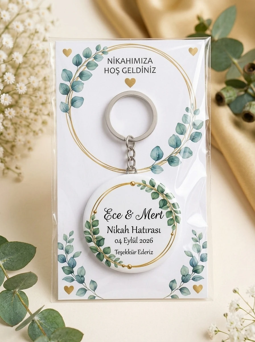 EYMI NIKAH 15 TEKLI Nikah Hediyesi & Hatırası - Gold Çember & Okaliptüs Monogram - Kişiye Özel Açacaklı Buton Rozet Anahtarlık