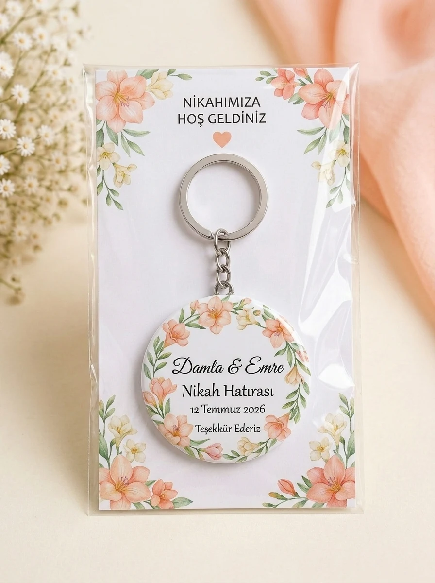 EYMI NIKAH 17 TEKLI Nikah Hediyesi & Hatırası - Pastel Şeftali & Frezya Çiçeği - Kişiye Özel Açacaklı Buton Rozet Anahtarlık