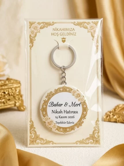 58mm Nikah ve Düğün Hediyeliği Açacaklı Buton Rozet Magnet ve İsimli Kart Örneği