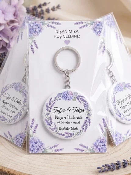 Nişan Hediyesi & Hatırası - Royal Lacivert & Barok Çerçeve - Kişiye Özel Açacaklı Buton Rozet Anahtarlık 3lü Sunum Kartı ve Set
