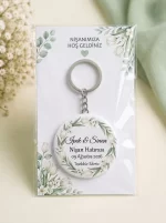Nişan Hediyesi & Hatırası - Gold Altıgen & Beyaz Anemon - Kişiye Özel Açacaklı Buton Rozet Anahtarlık