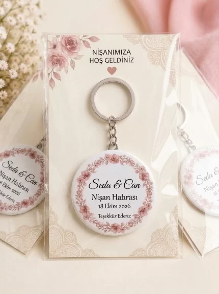 Nişan Hediyesi & Hatırası - Minimalist Çift Harf Monogramı - Kişiye Özel Açacaklı Buton Rozet Anahtarlık 3lü Sunum Kartı ve Set