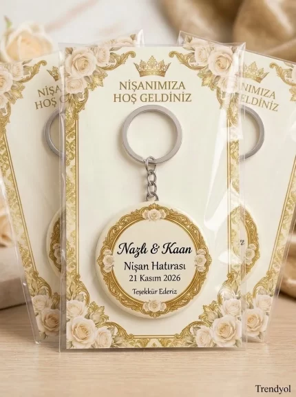 Nişan Hediyesi & Hatırası - Altın Varaklı Çift Kalp & Çelenk - Kişiye Özel Açacaklı Buton Rozet Anahtarlık 3lü Sunum Kartı ve Set