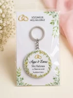 Söz Hediyesi & Hatırası - Zarif Alyans Figürlü & Gold Çelenk - Kişiye Özel Açacaklı Buton Rozet Anahtarlık